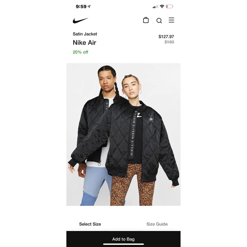 Nike Air Satin Quilted Bomber Jacket Black Size S